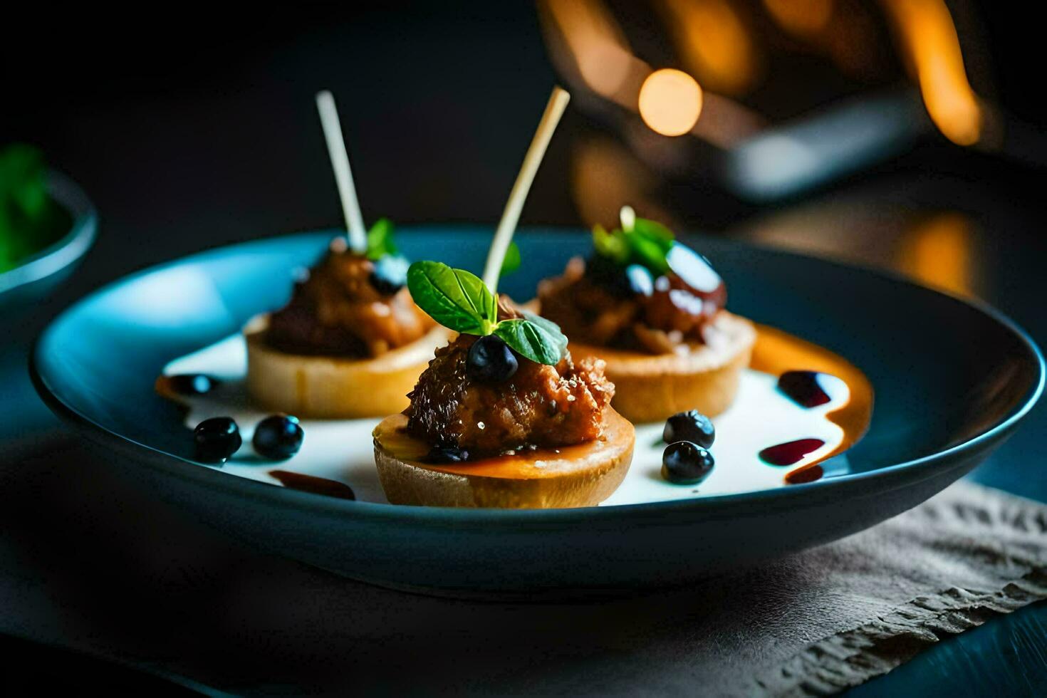 pequeno aperitivos em uma prato com palitos de dente. gerado por IA foto