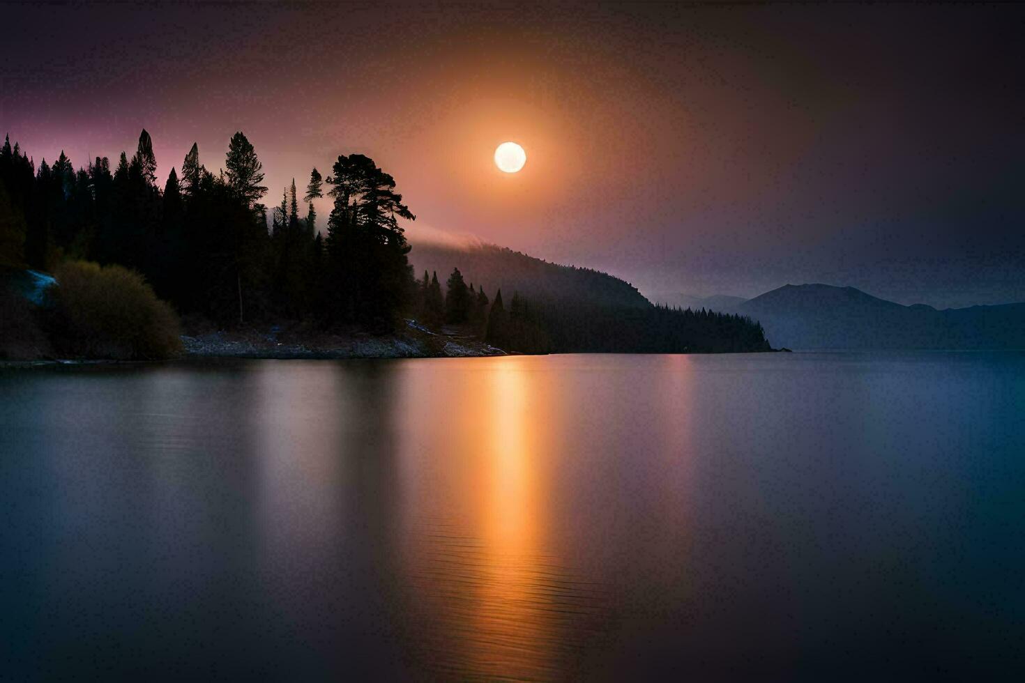 a lua sobe sobre uma lago e árvores gerado por IA foto