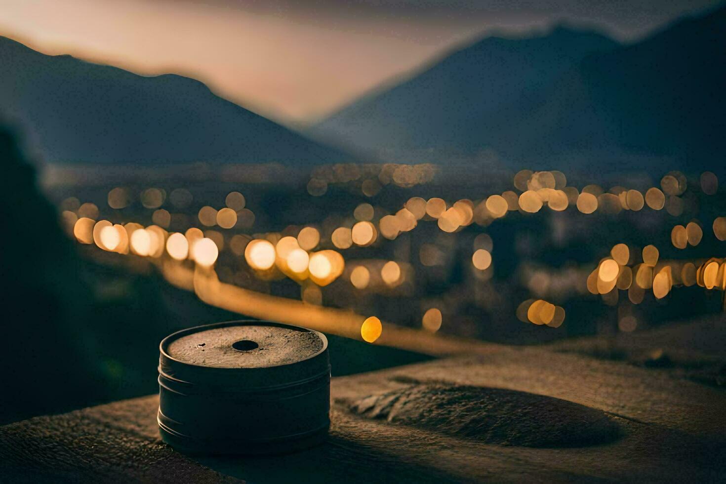 uma pode do Cerveja sentado em uma mesa dentro frente do uma cidade às noite. gerado por IA foto