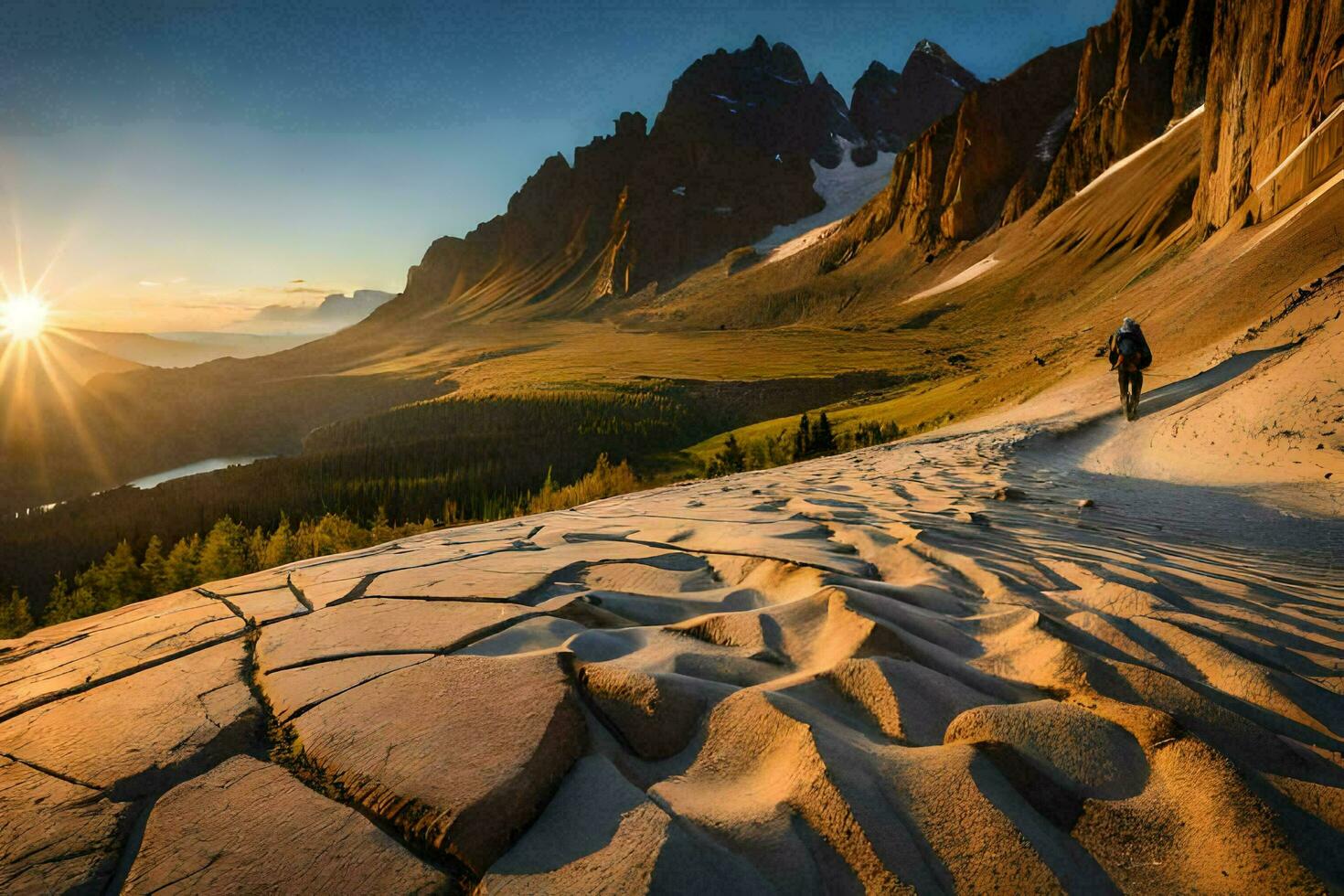 a Sol sobe sobre a montanhas e areia dunas. gerado por IA foto