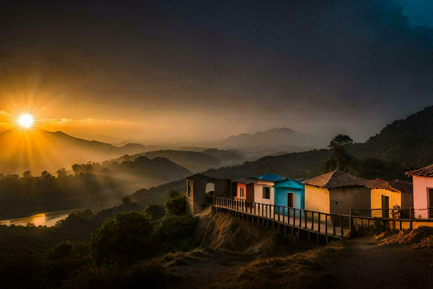 a Sol conjuntos sobre uma montanha alcance com colorida casas. gerado por IA foto