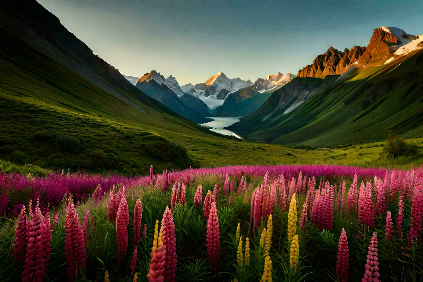 a tremoço flores estão dentro flor dentro a montanhas. gerado por IA foto