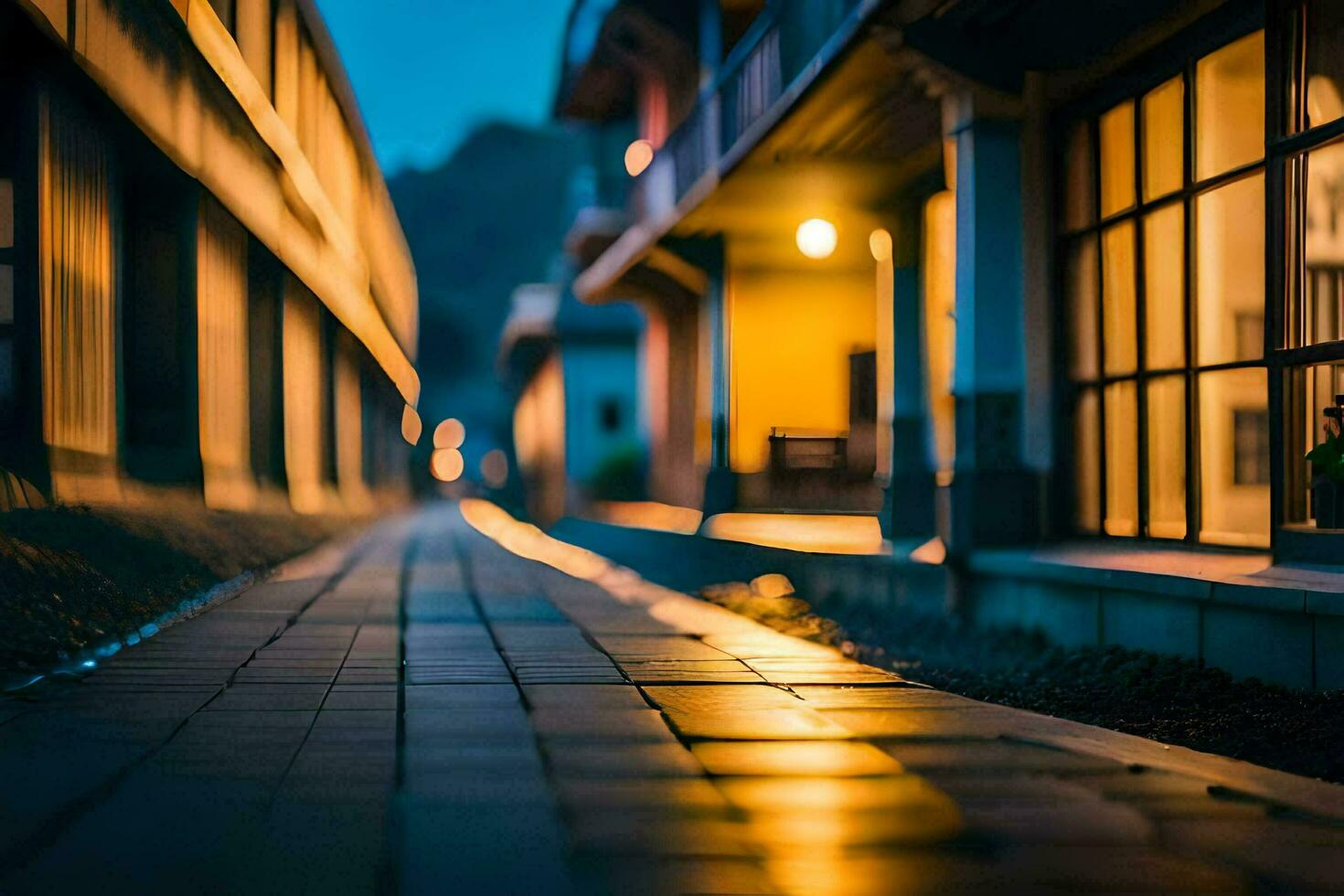 uma longo, limitar beco com luzes em a rua. gerado por IA foto