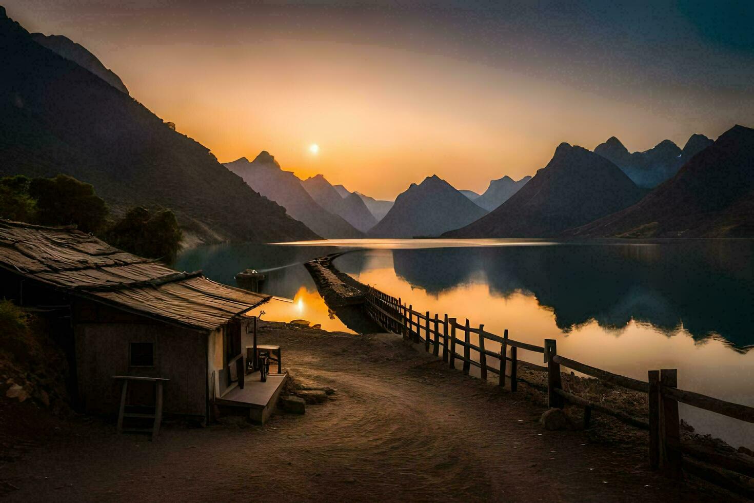 uma pequeno cabine senta em a costa do uma lago às pôr do sol. gerado por IA foto