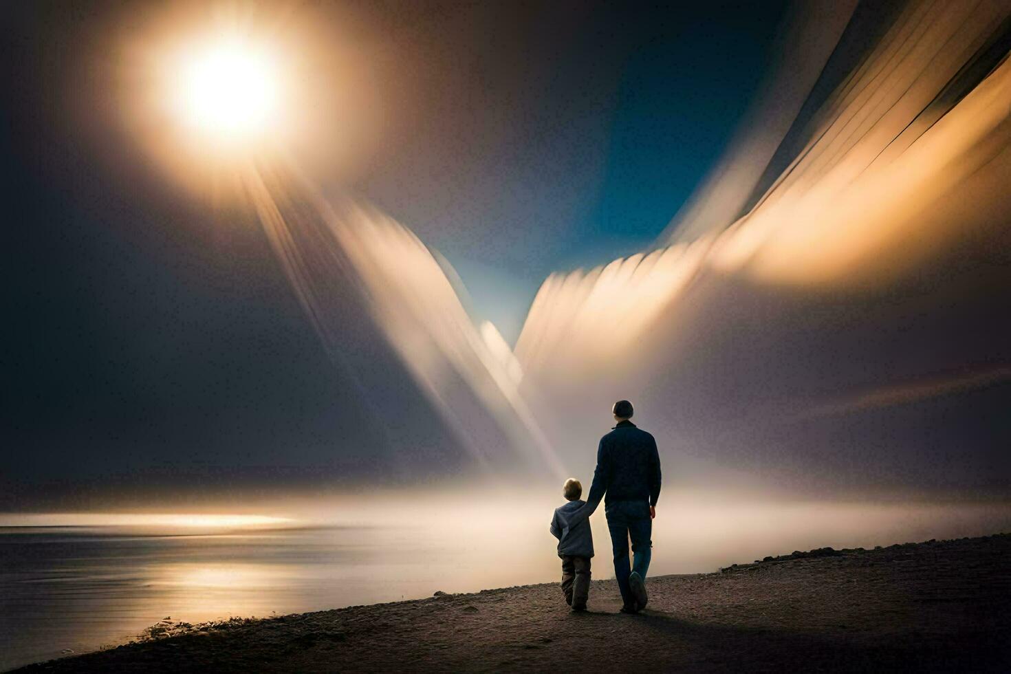 uma homem e dele filho estão em pé em a de praia às noite. gerado por IA foto