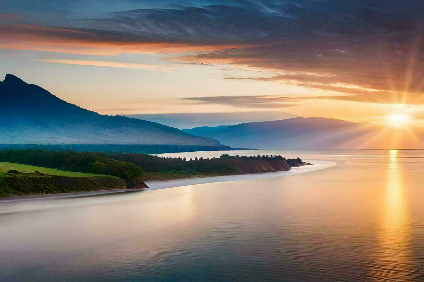 a Sol conjuntos sobre uma lago e montanhas. gerado por IA foto