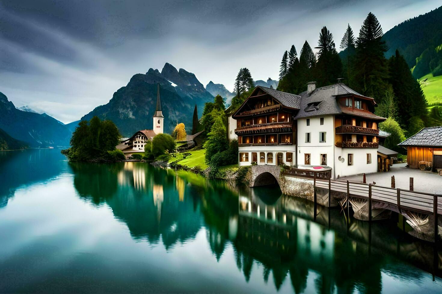 uma lindo lago e montanha cenário dentro a Alpes. gerado por IA foto