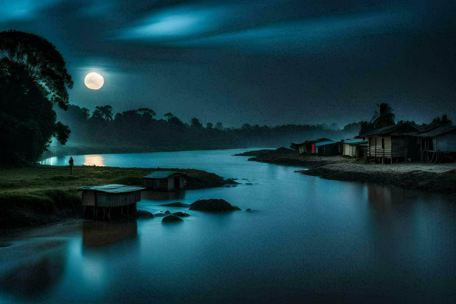 foto papel de parede a céu, água, lua, a rio, casas, a lua, a rio. gerado por IA