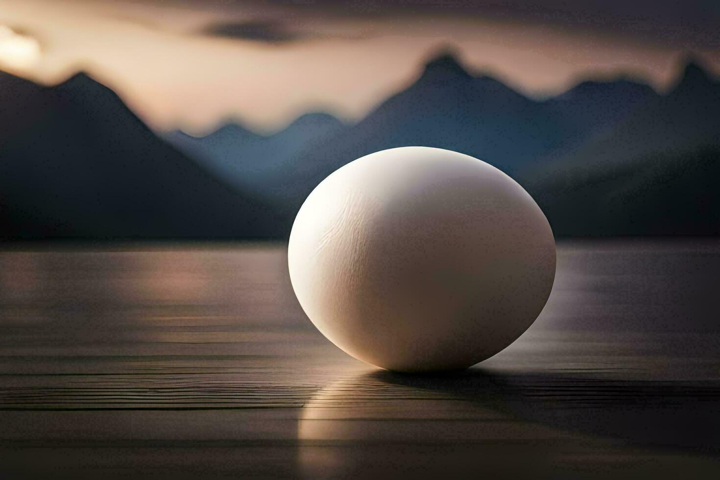 a ovo sentado em uma mesa dentro frente do uma montanha. gerado por IA foto