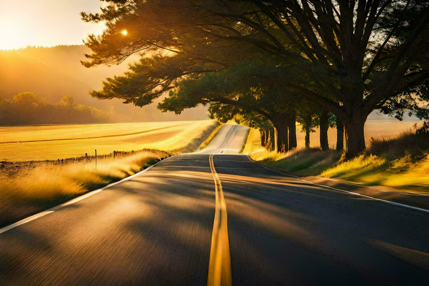 uma grandes estrada com árvores e Relva dentro a fundo. gerado por IA foto