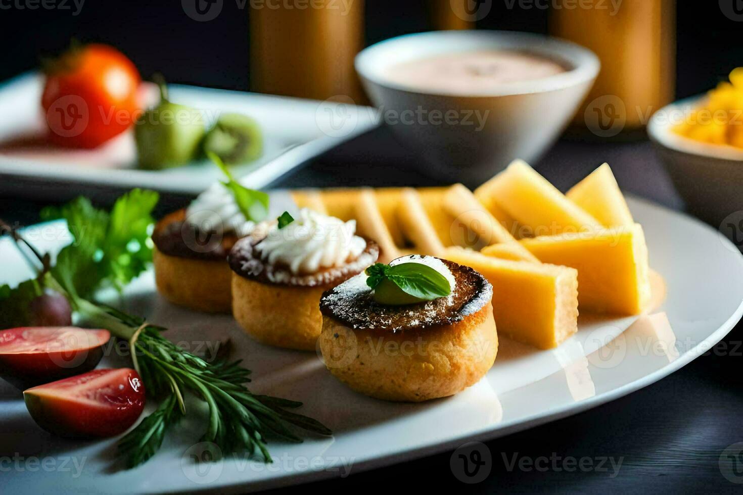 uma prato do Comida com queijo, pão e legumes. gerado por IA foto