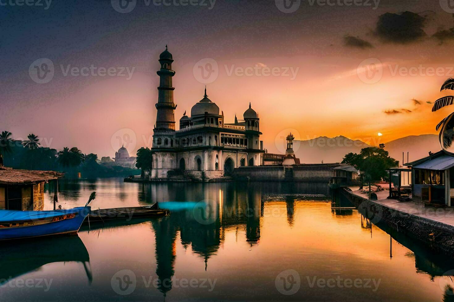 uma lindo pôr do sol sobre uma lago com uma mesquita dentro a fundo. gerado por IA foto