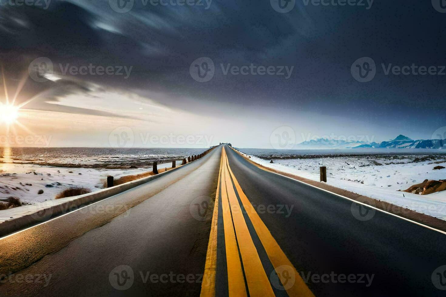 uma grandes estrada dentro a neve. gerado por IA foto