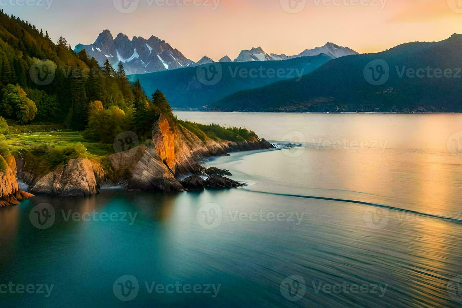 uma lindo pôr do sol sobre a oceano e montanhas. gerado por IA foto