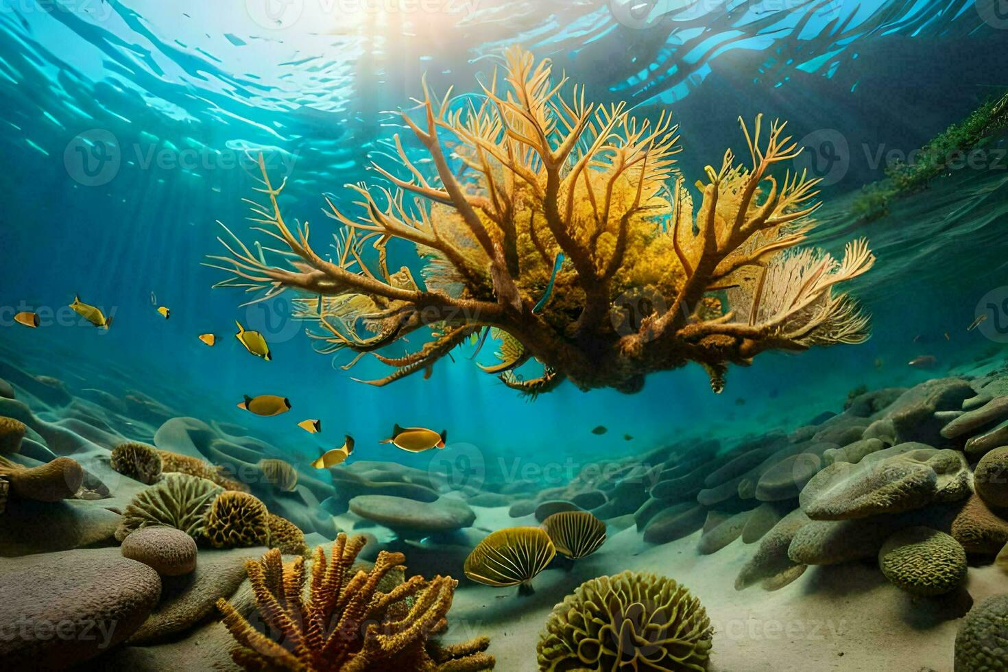 a embaixo da agua cena com coral e peixe. gerado por IA foto
