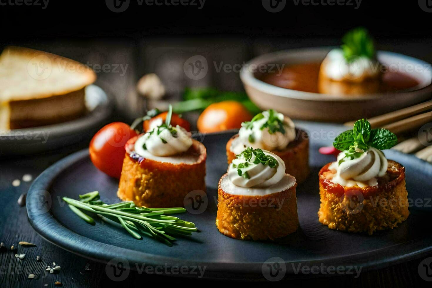 pequeno aperitivos em uma prato com uma garfo. gerado por IA foto