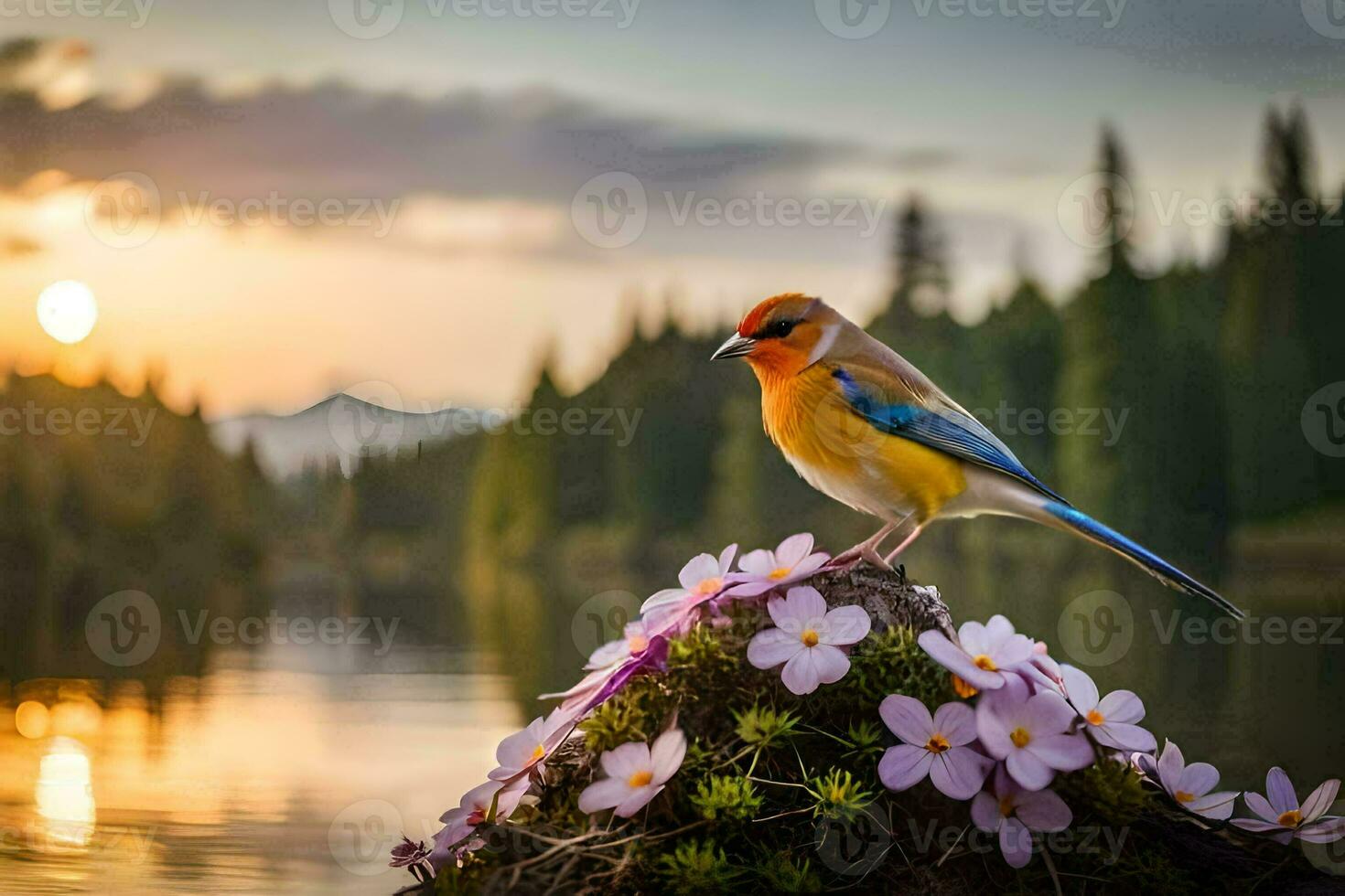 foto papel de parede a céu, flores, pássaro, pôr do sol, lago, flores, pássaro, pôr do sol,. gerado por IA