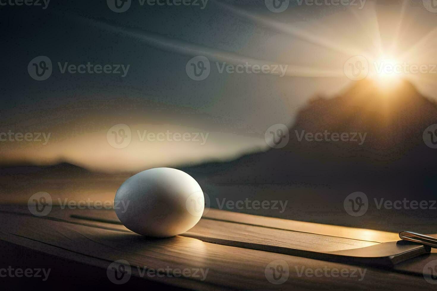 a ovo em uma de madeira mesa com uma pôr do sol dentro a fundo. gerado por IA foto