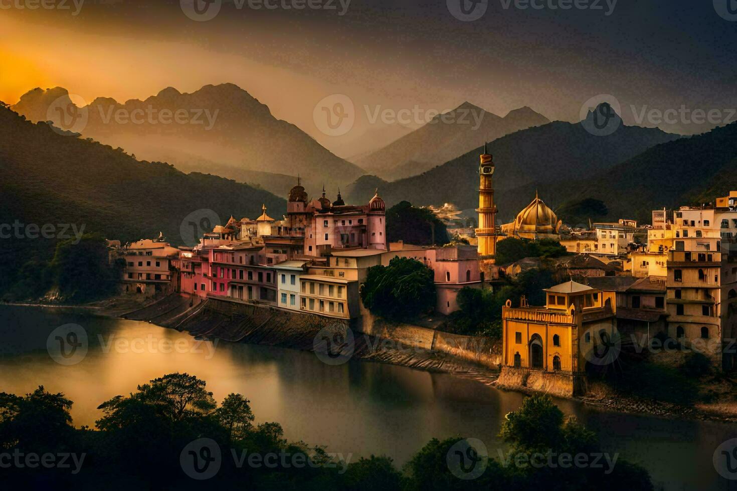 a pôr do sol sobre a cidade do rishikesh. gerado por IA foto