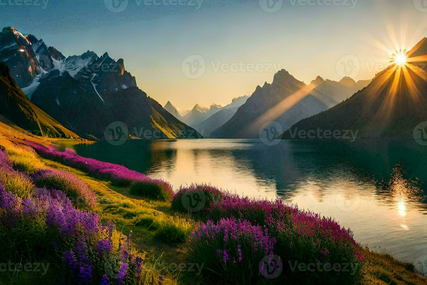 a Sol sobe sobre a montanhas e flores dentro a primeiro plano. gerado por IA foto