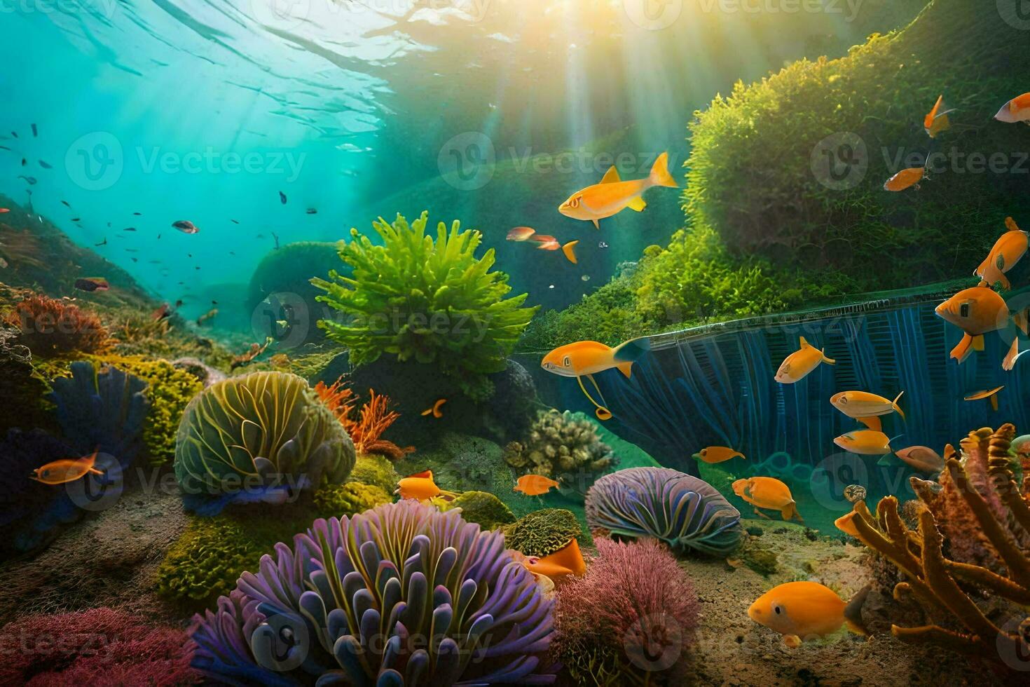 a embaixo da agua cena com coral recifes e peixe. gerado por IA foto