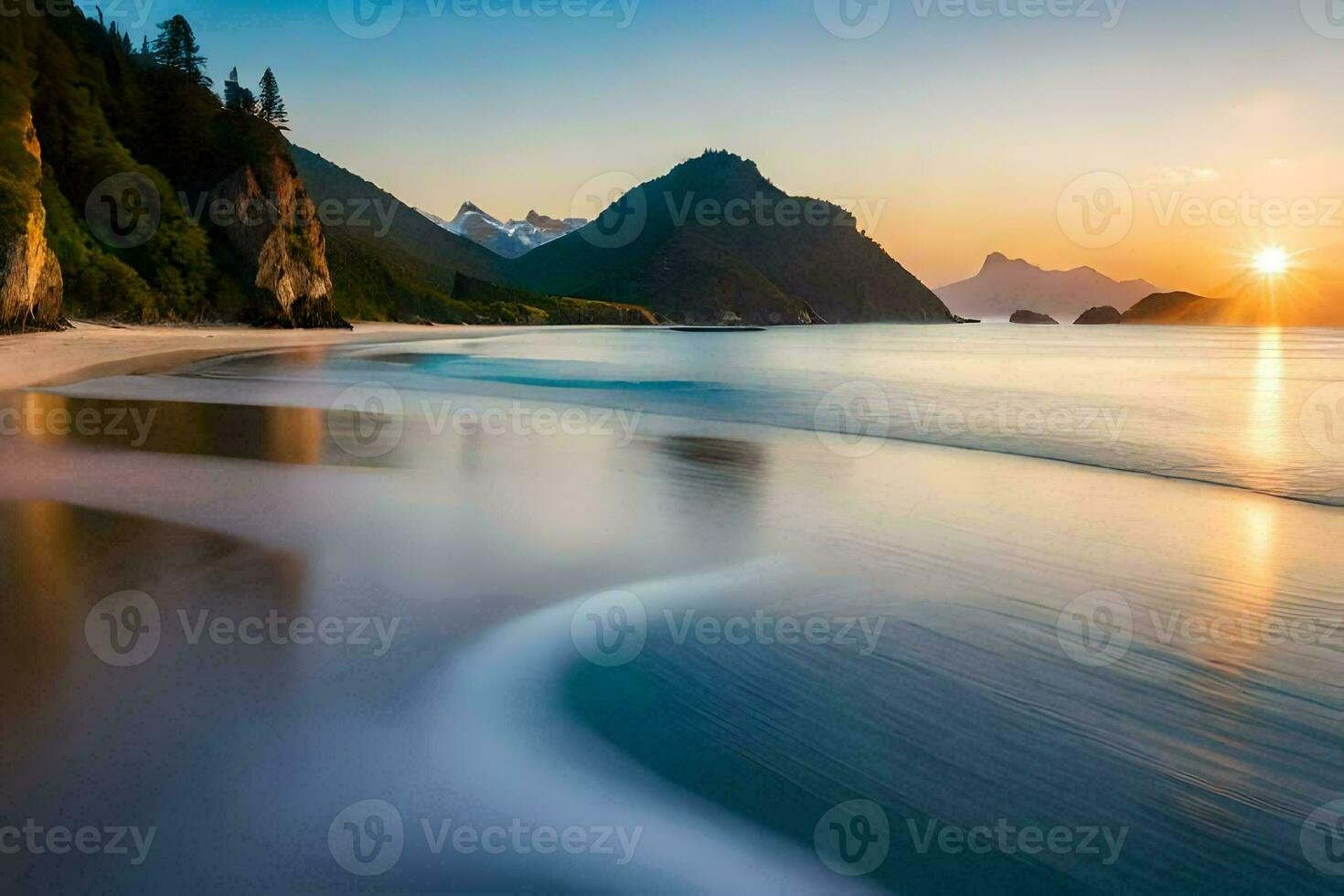 a Sol conjuntos sobre uma de praia e montanhas. gerado por IA foto