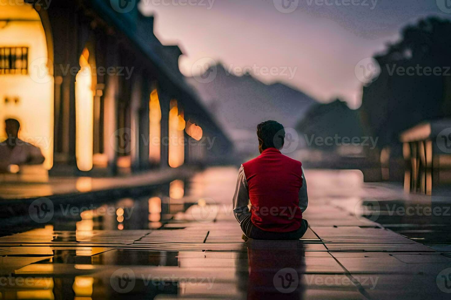 uma homem sentado em a terra dentro frente do uma mesquita. gerado por IA foto