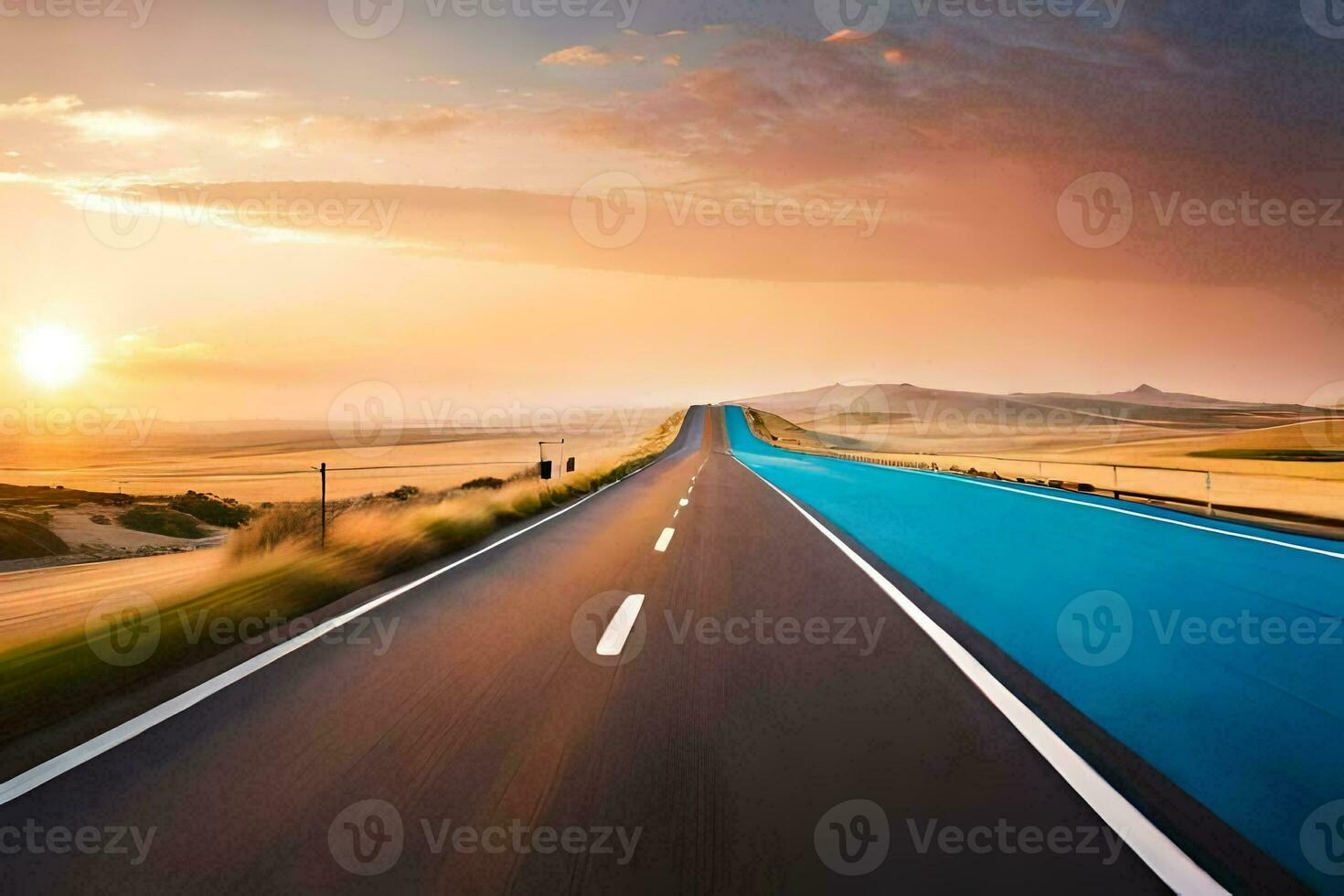 uma grandes estrada com azul linhas e uma pôr do sol dentro a fundo. gerado por IA foto