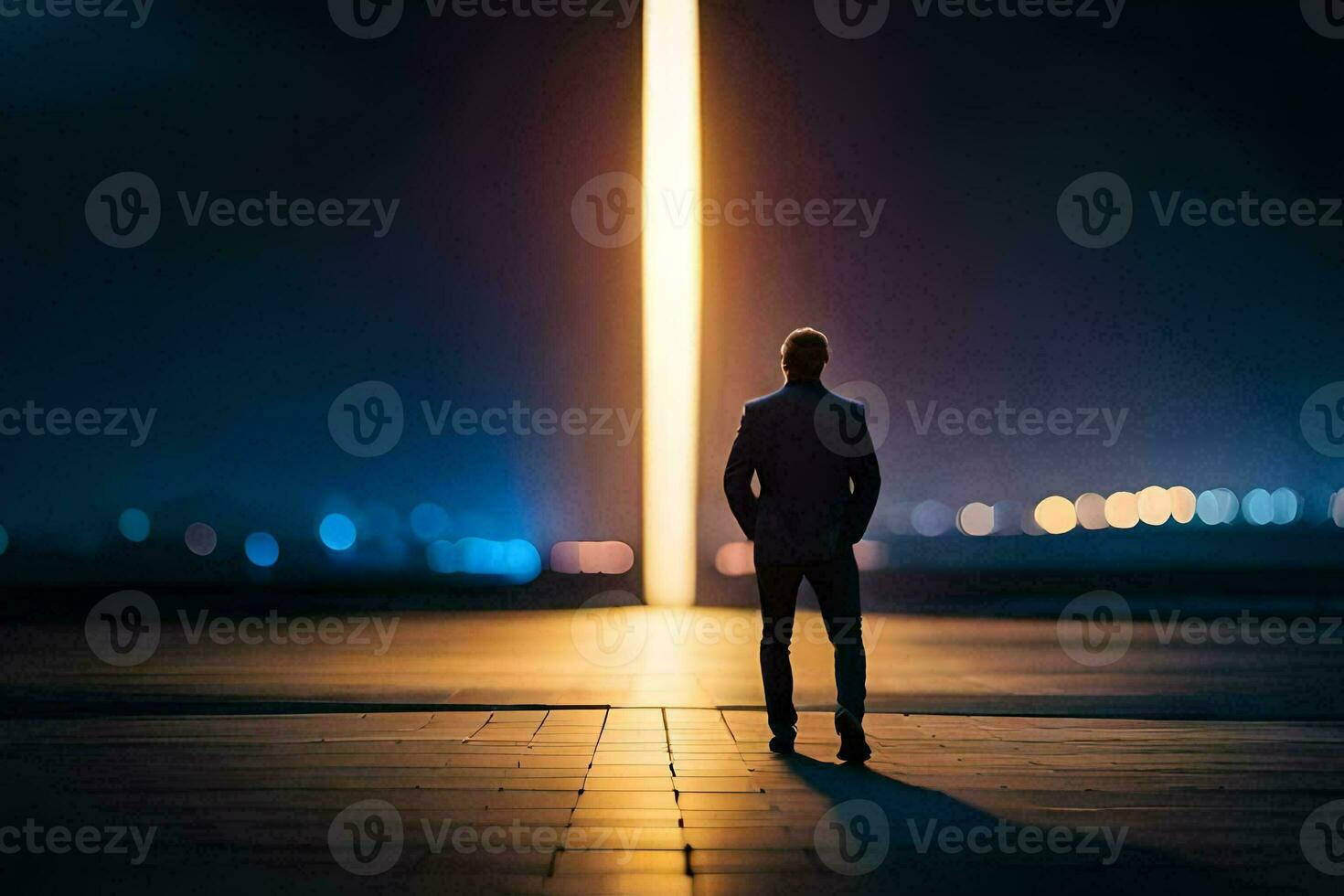 uma homem em pé dentro frente do uma luz pólo às noite. gerado por IA foto