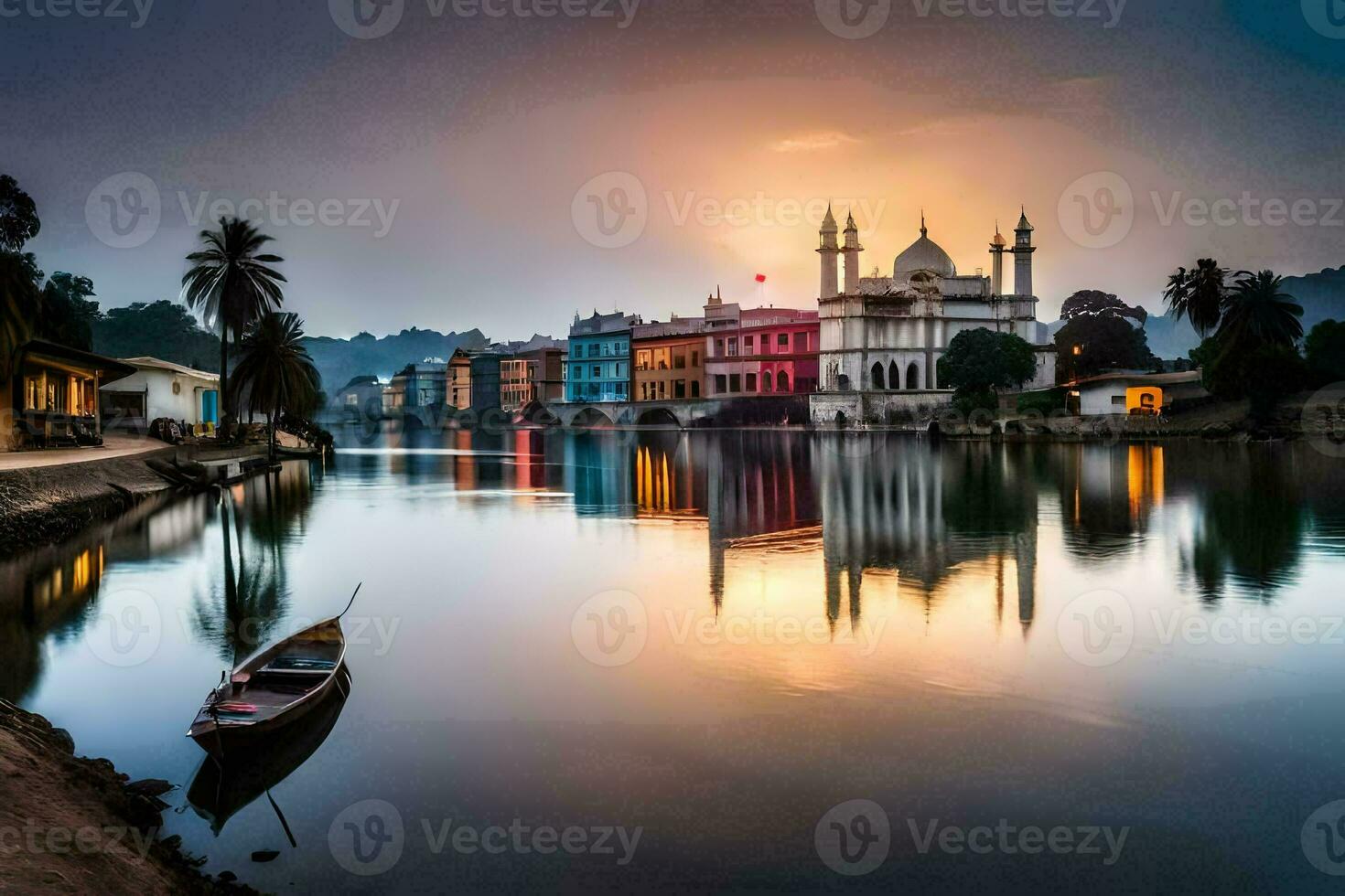 a cidade do Délhi às pôr do sol. gerado por IA foto