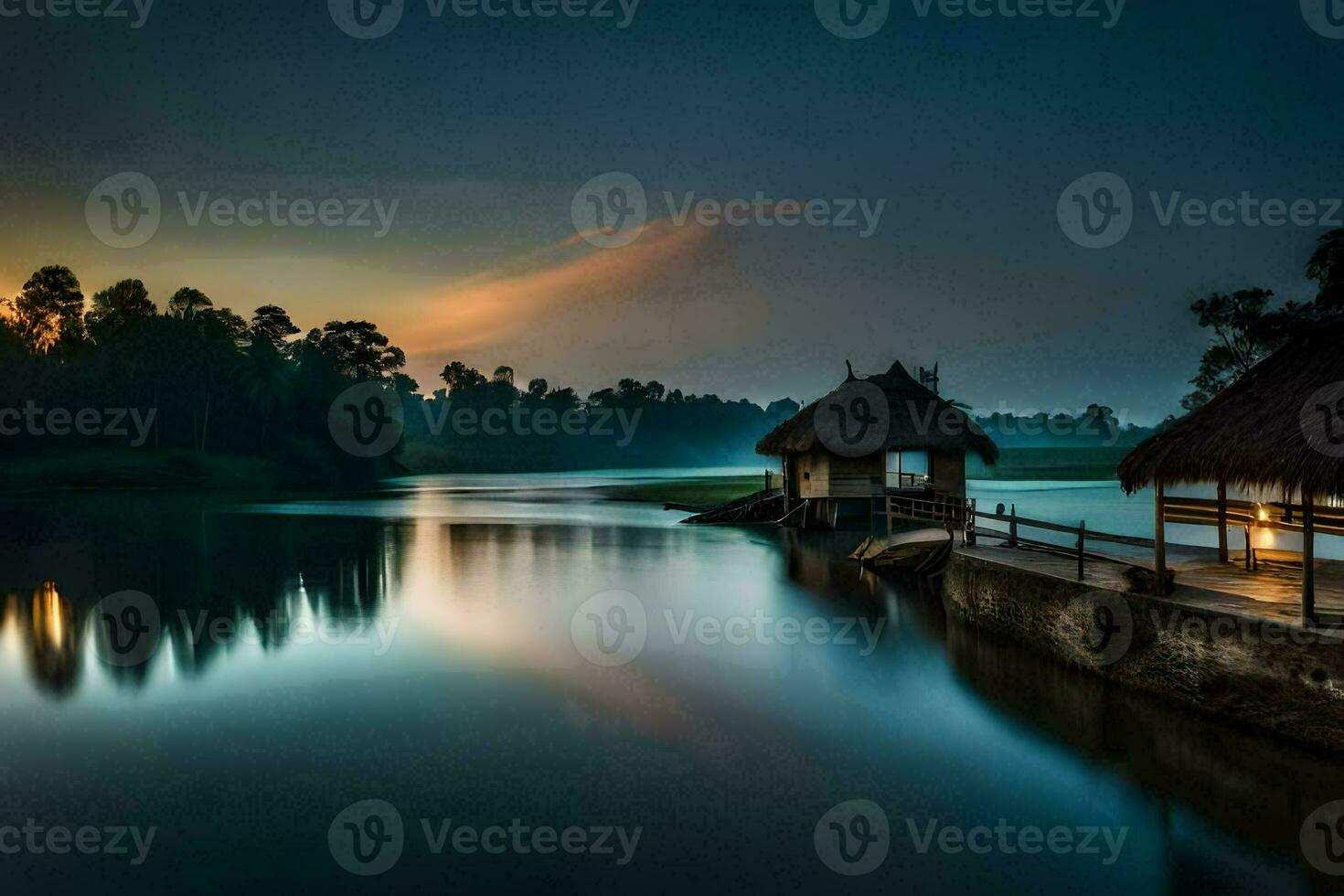 uma pequeno cabana senta em a costa do uma lago às pôr do sol. gerado por IA foto