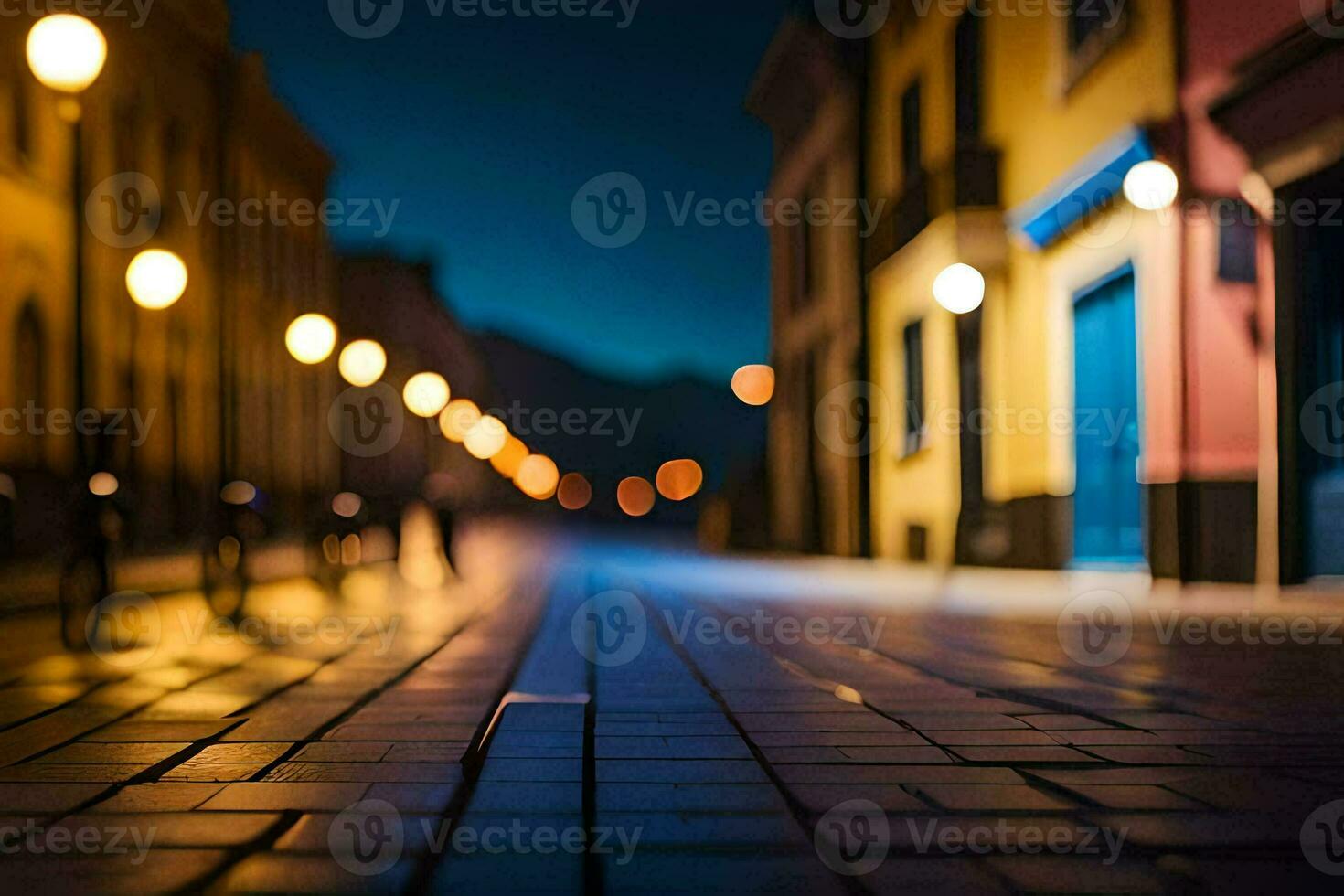 uma rua às noite com luzes em a edifícios. gerado por IA foto