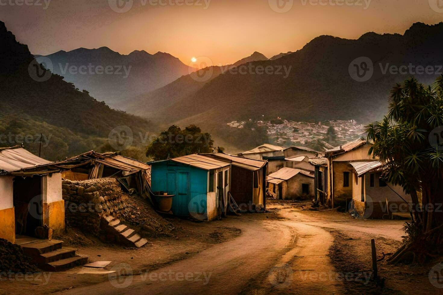 uma Vila às pôr do sol com casas e montanhas dentro a fundo. gerado por IA foto