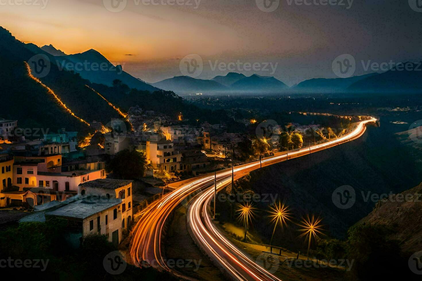 uma grandes exposição foto do uma cidade às crepúsculo. gerado por IA