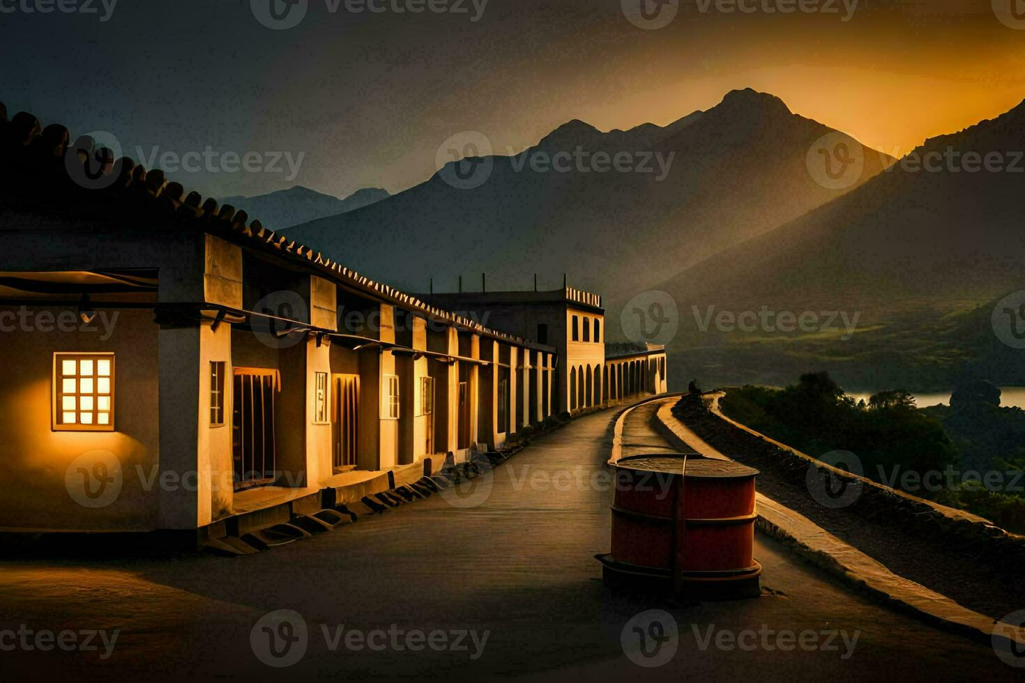 a Sol conjuntos sobre uma montanha e uma estrada. gerado por IA foto