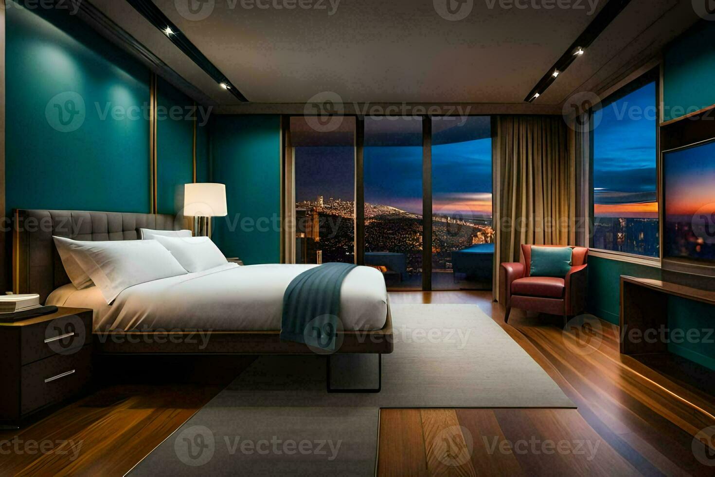 uma quarto com uma Visão do a cidade às noite. gerado por IA foto