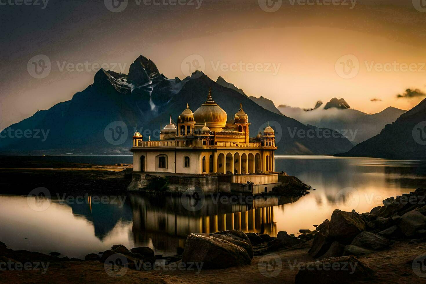 a dourado Palácio dentro a meio do a lago. gerado por IA foto