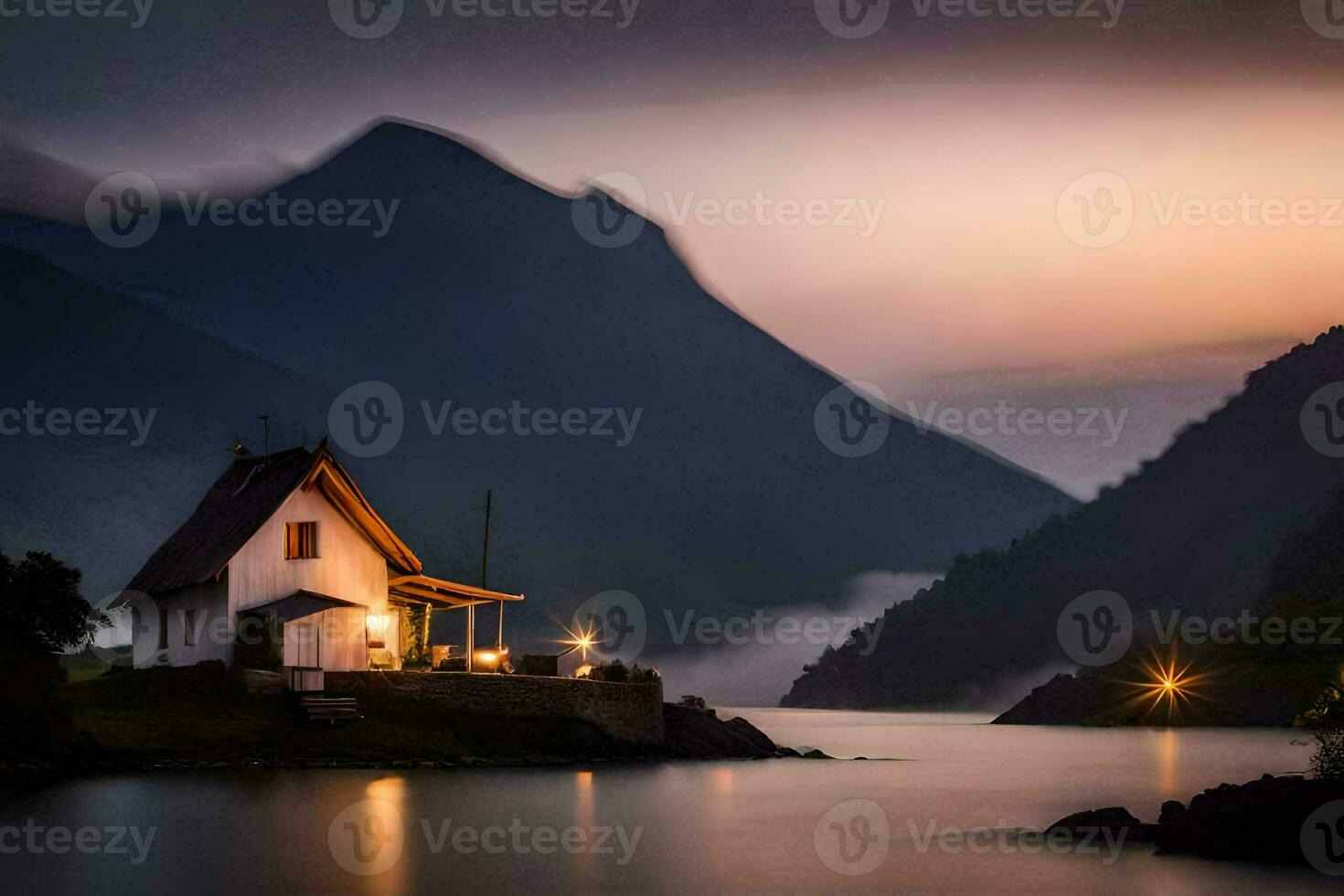 uma pequeno casa senta em a costa do uma lago às crepúsculo. gerado por IA foto