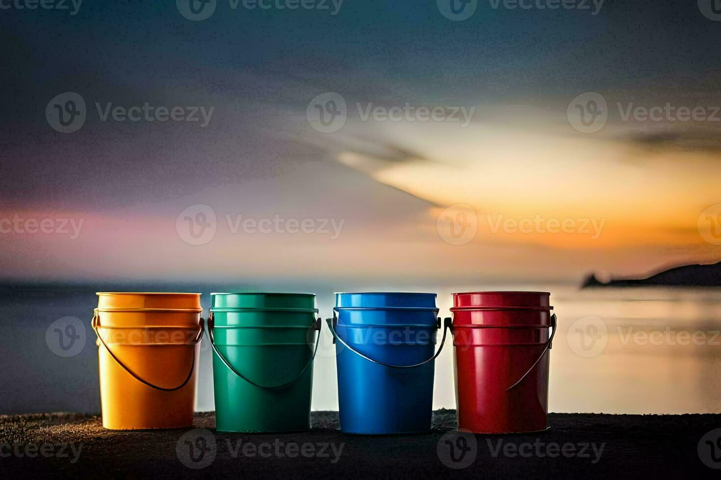 três baldes sentado em uma de praia às pôr do sol. gerado por IA foto
