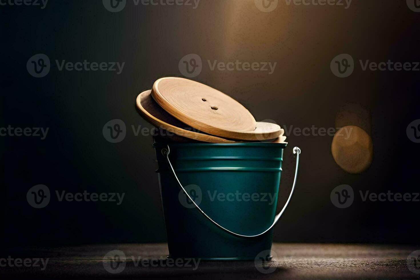 uma verde balde com de madeira colheres sentado em topo. gerado por IA foto
