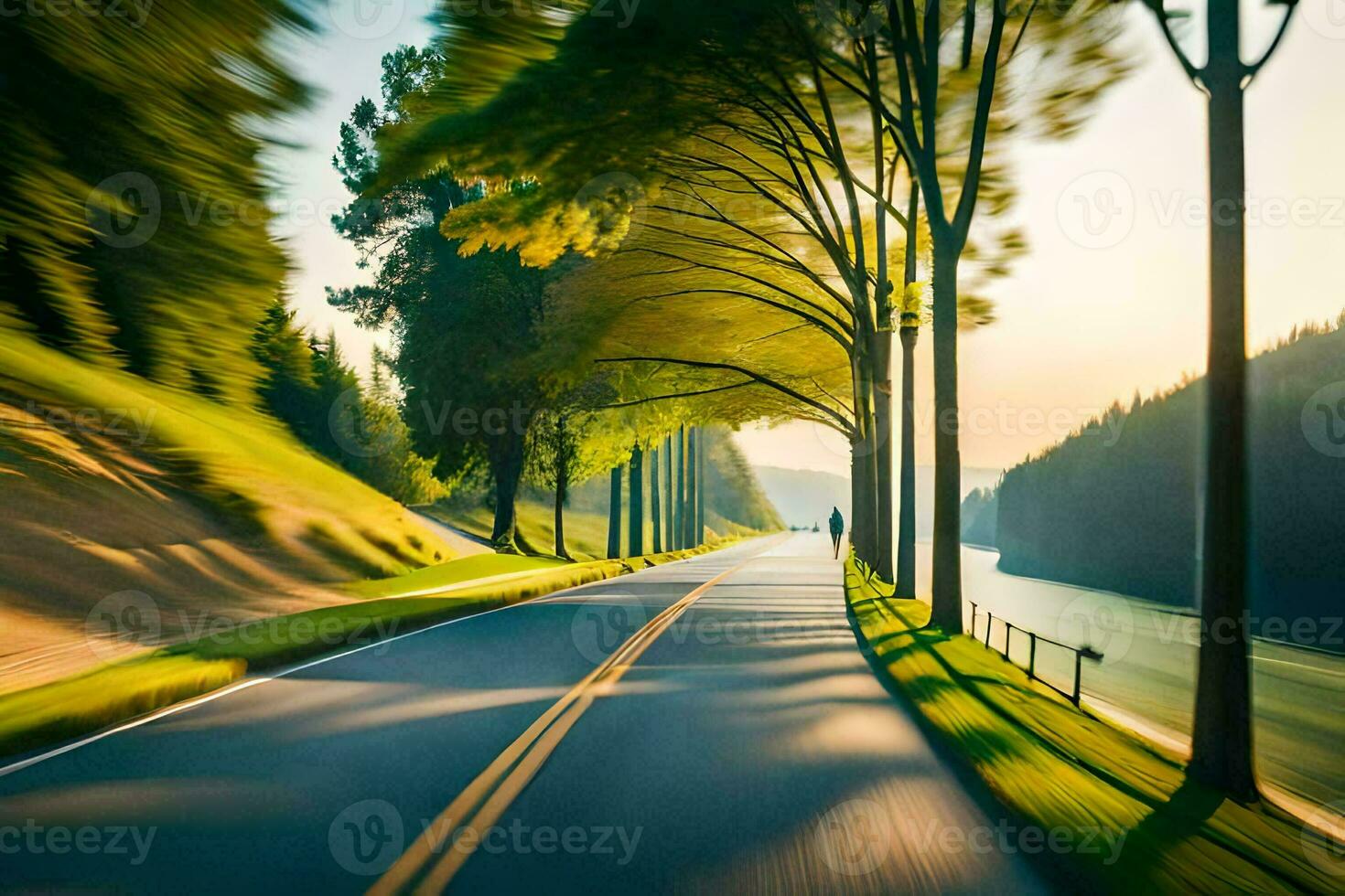 uma grandes estrada com árvores e uma rio dentro a fundo. gerado por IA foto