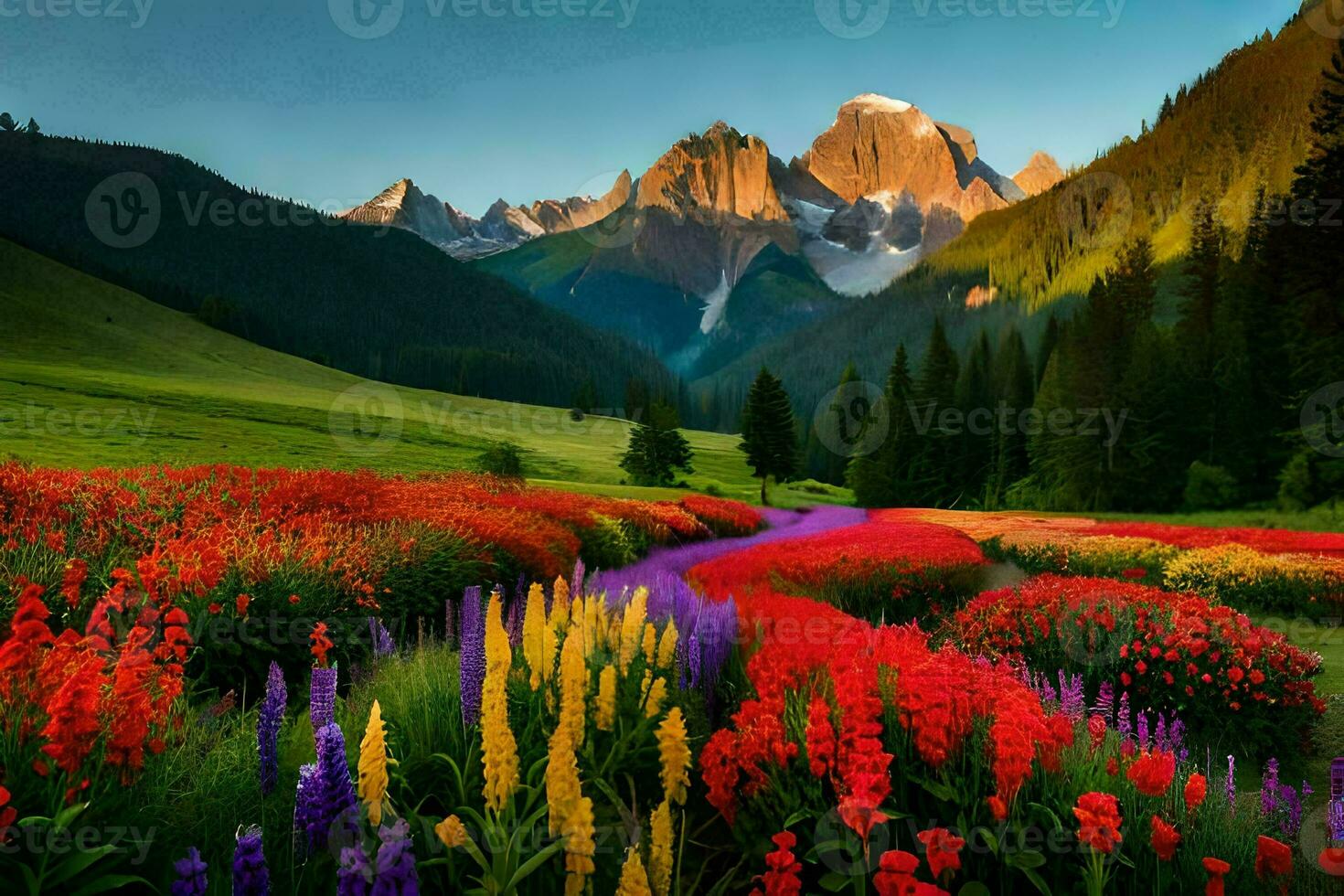 uma lindo campo do flores e montanhas. gerado por IA foto