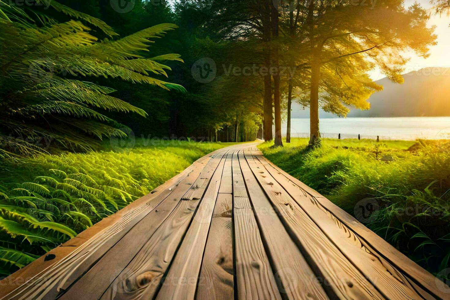 de madeira caminho conduzindo para a lago às pôr do sol. gerado por IA foto