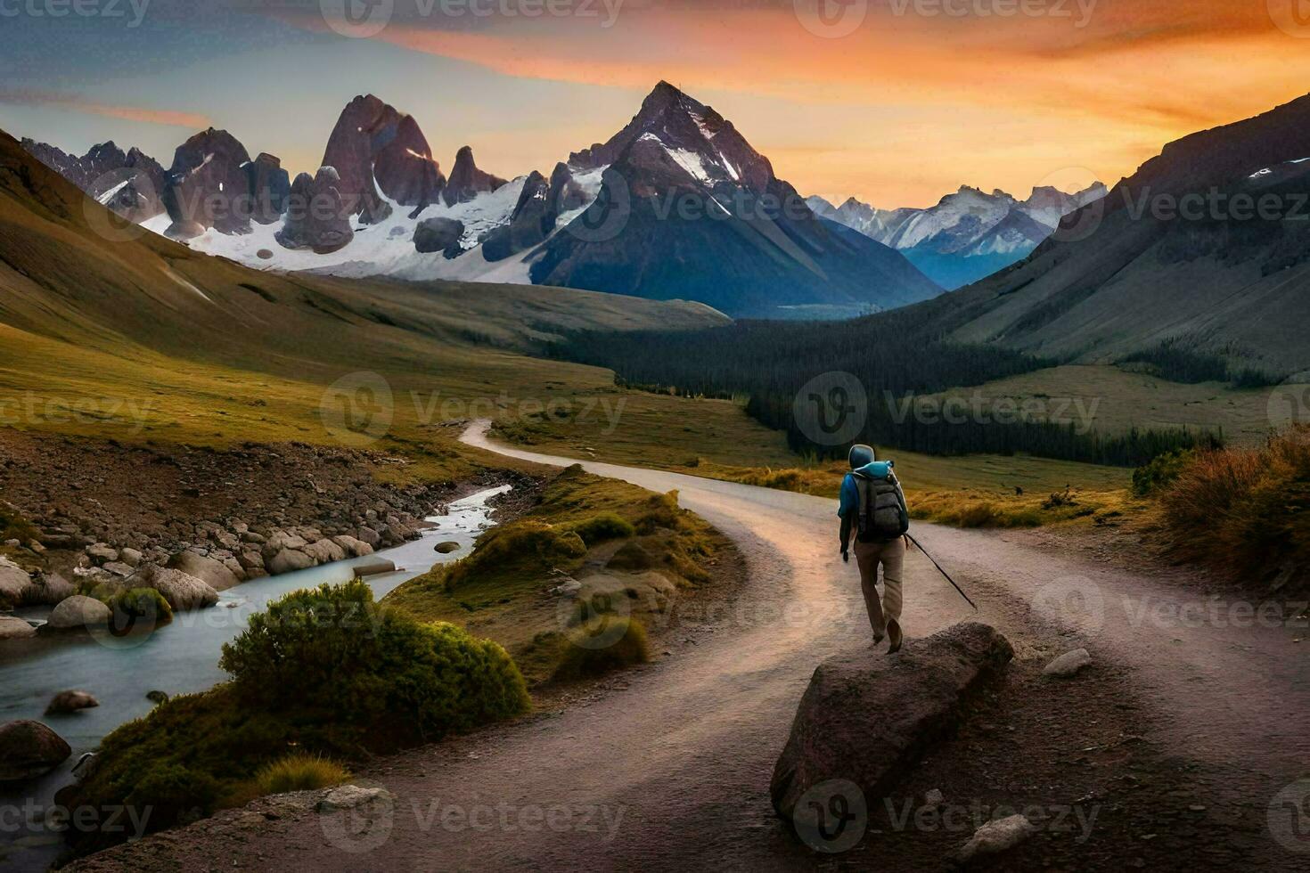 uma homem anda em ao longo uma estrada dentro a montanhas. gerado por IA foto