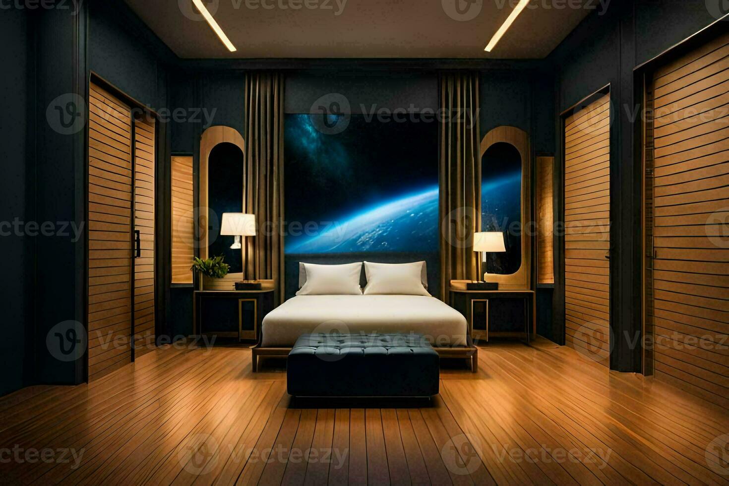 uma quarto com uma cama e uma parede pintura do terra. gerado por IA foto