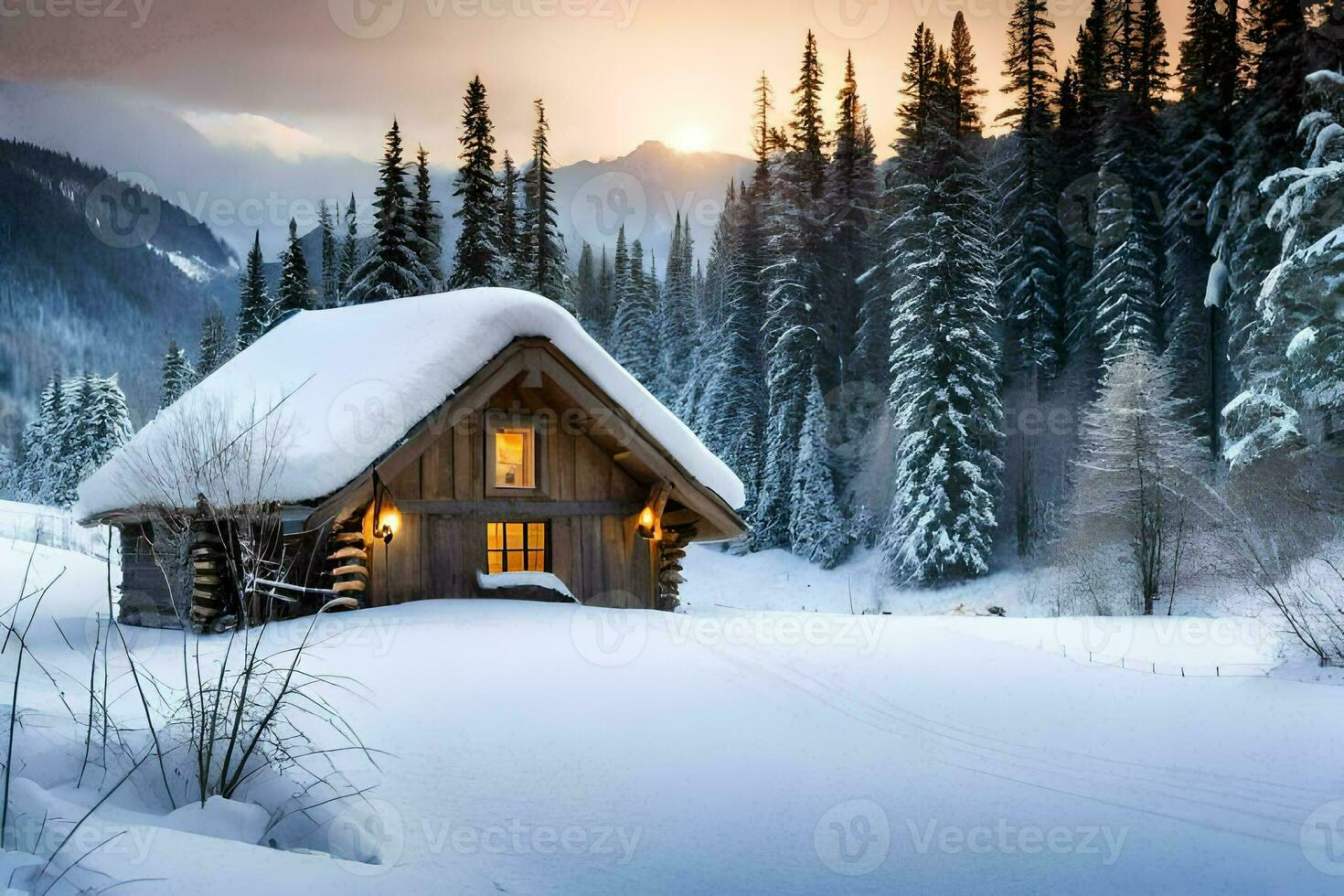 uma cabine dentro a neve com uma Sol configuração atrás isto. gerado por IA foto