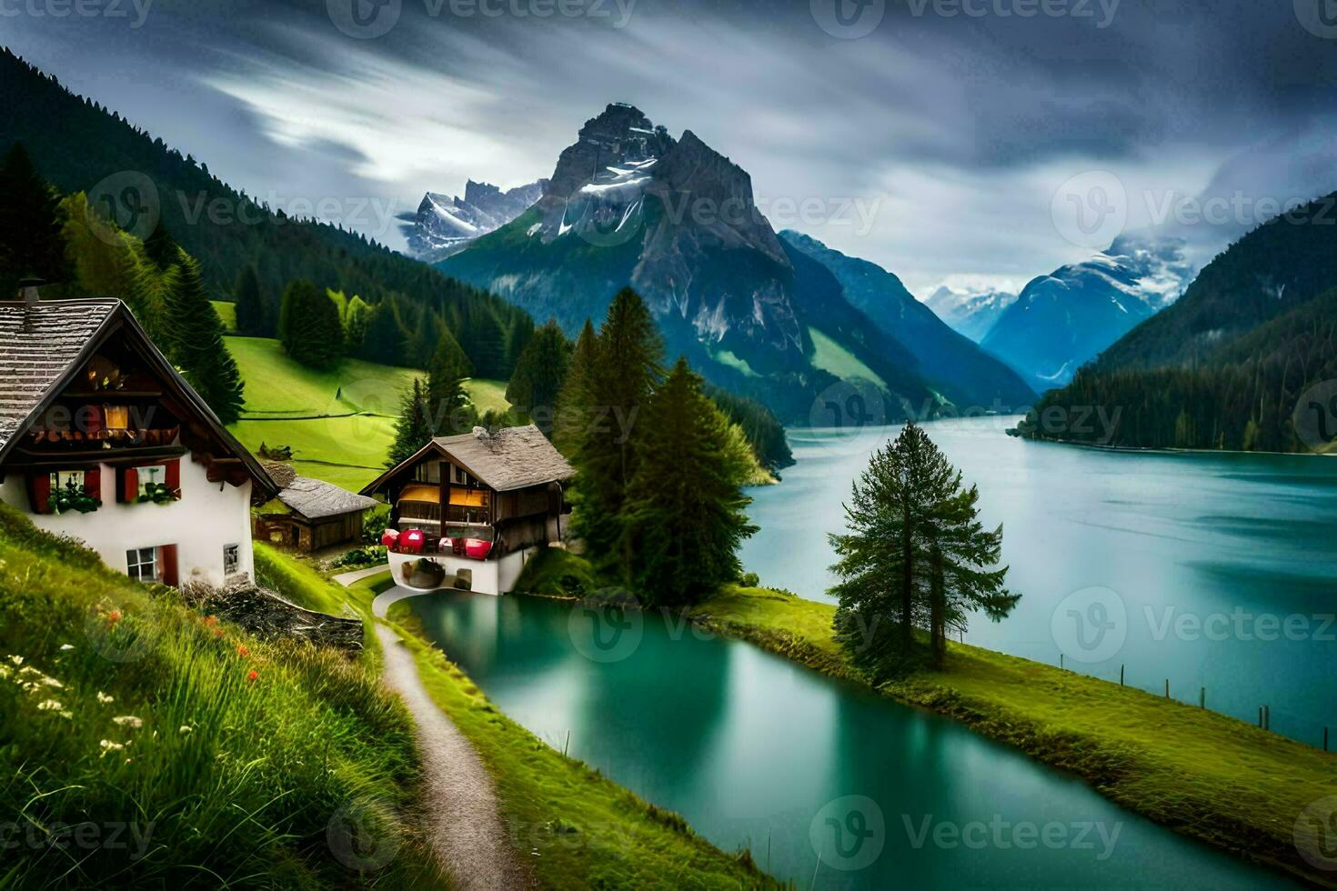 a casa dentro a montanhas. gerado por IA foto