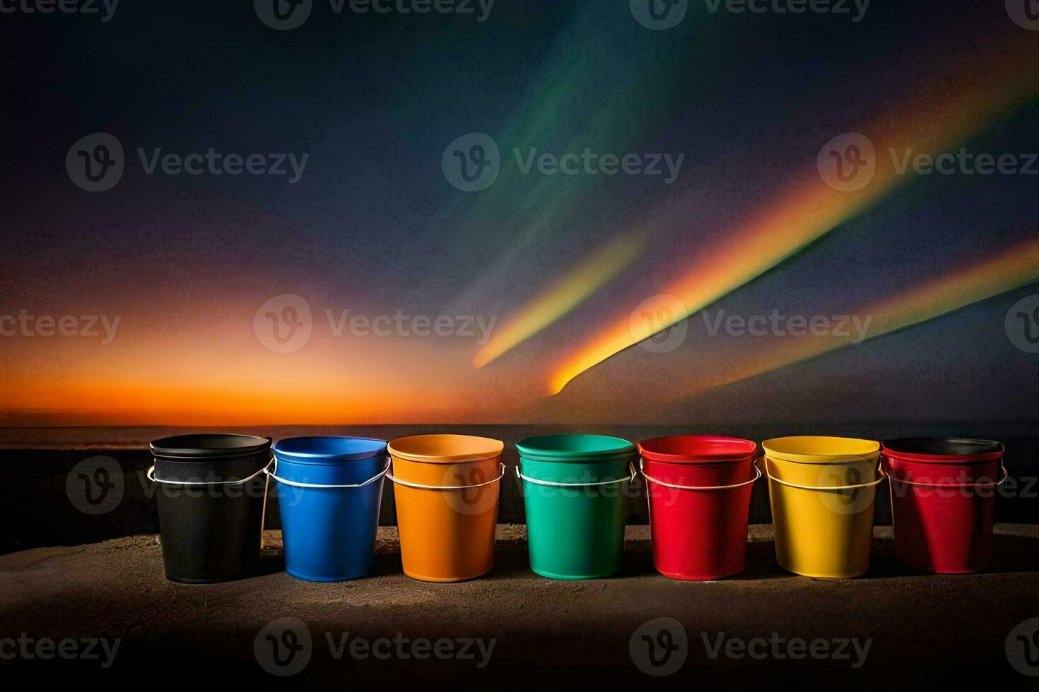 colorida baldes em a de praia com a aurora dentro a fundo. gerado por IA foto