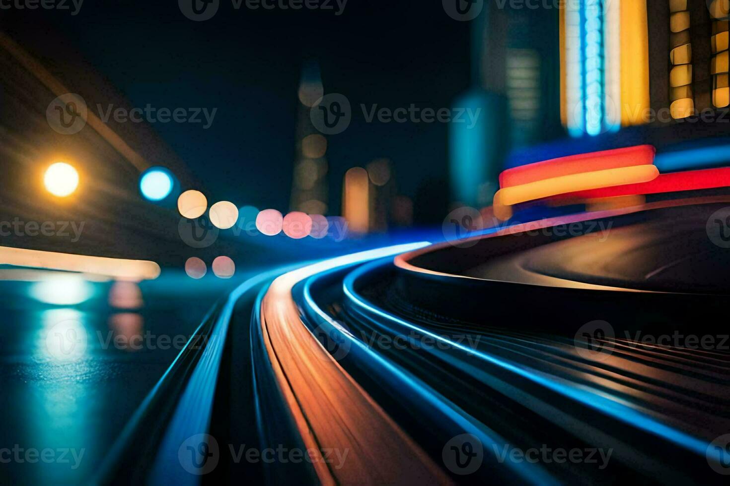 uma embaçado imagem do uma cidade rua às noite. gerado por IA foto