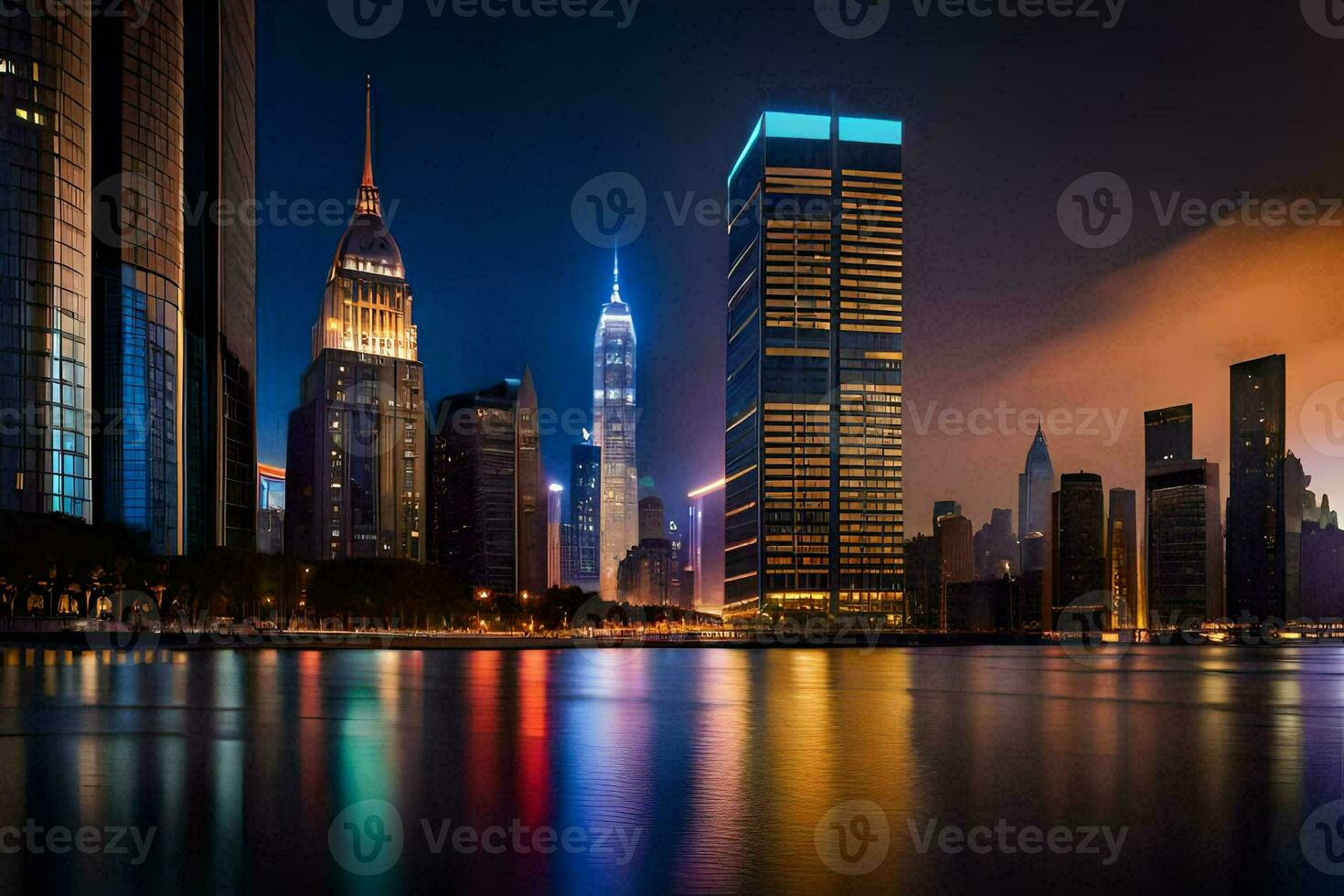 a cidade Horizonte às noite com luzes refletindo fora a água. gerado por IA foto